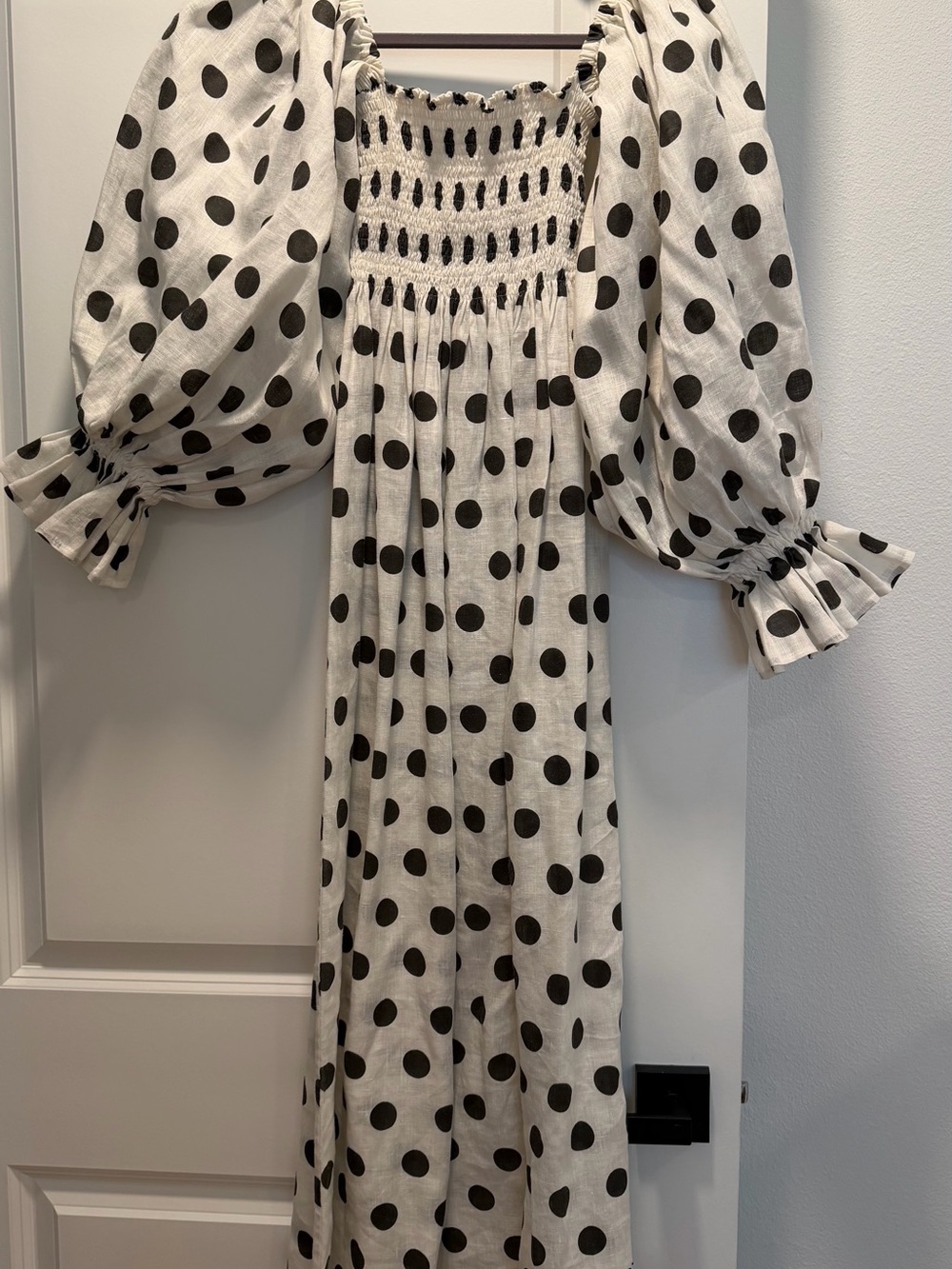 Smocked Square-Neck Polka Dot Midi Dress - Black & White